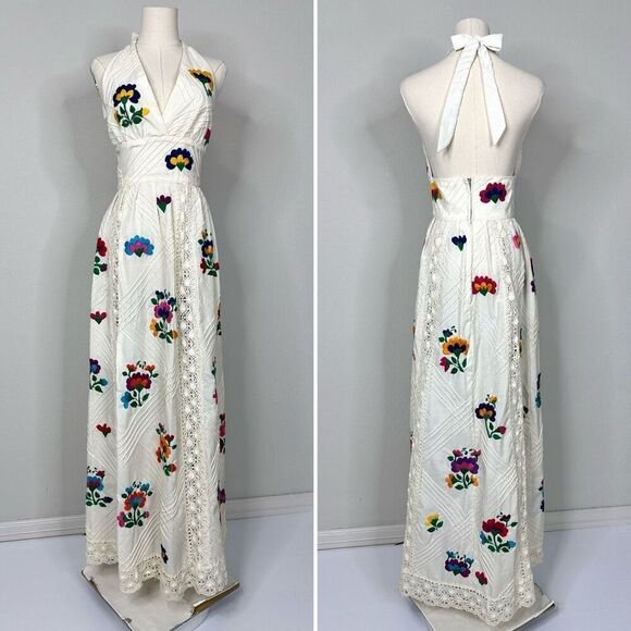 Vintage 70s Mexican Embroidered Halter Maxi Dress Sz S Crochet Lace Boho Cottage - Picture 2 of 13